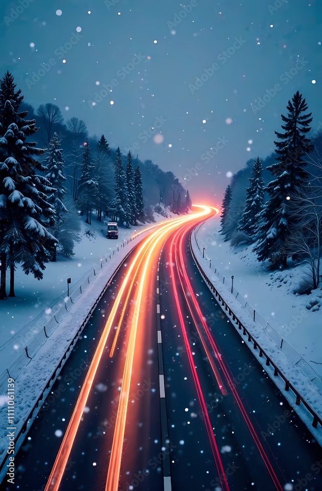 Snowy highway with light trails from cars, falling snow and winter landscape Snowy highway with light trails from cars, falling snow and winter landscape