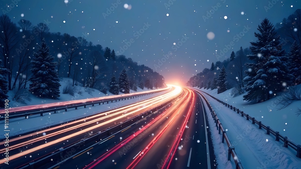 Snowy highway with light trails from cars, falling snow and winter landscape Snowy highway with light trails from cars, falling snow and winter landscape