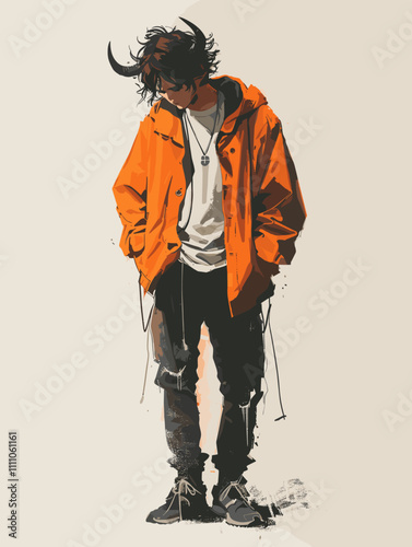 Man in an orange jacket is standing in front of a white wall. He is wearing a necklace and has a beard. The man is in a contemplative mood