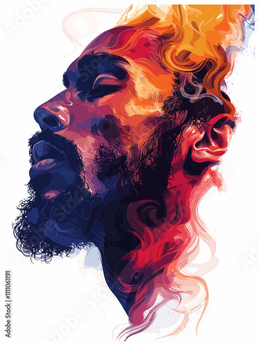 Man with a beard is painted in a colorful and artistic way. The man's beard is prominent and stands out against the background. The painting has a vibrant and lively feel to it