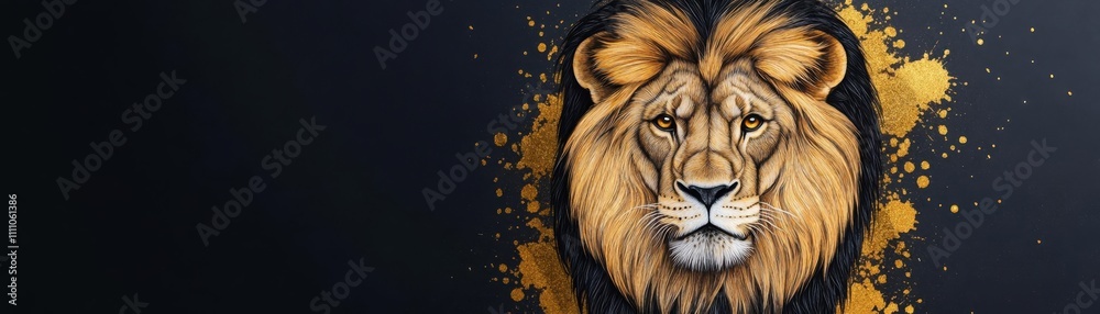 Fototapeta premium Leo lion surrounded by golden ink splashes, Leo ink lion, dynamic regal style