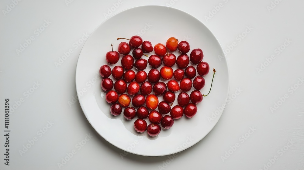 Fresh and Juicy Cherries Arranged in Heart Shape on White Plate for Romantic or Summery Themed Photography Fresh and Juicy Cherries Arranged in Heart Shape on White Plate for Romantic or Summery Themed Photography