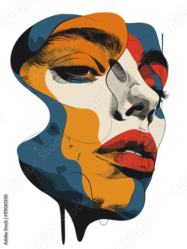 Woman's face is drawn in a colorful and abstract style. The colors are bright and bold, and the overall mood of the image is energetic and lively. The woman's features are exaggerated and distorted