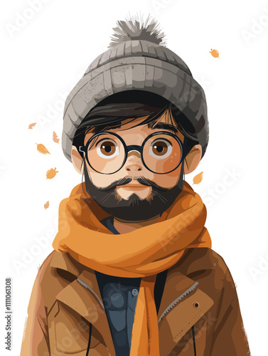 Cartoon boy wearing glasses and a hat with a scarf around his neck. The boy has a beard and is smiling