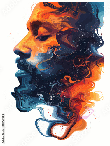 Man's face with a beard and a beard is shown in a painting. The painting is colorful and has a lot of detail. The man's face is the main focus of the painting, and the beard is a prominent feature