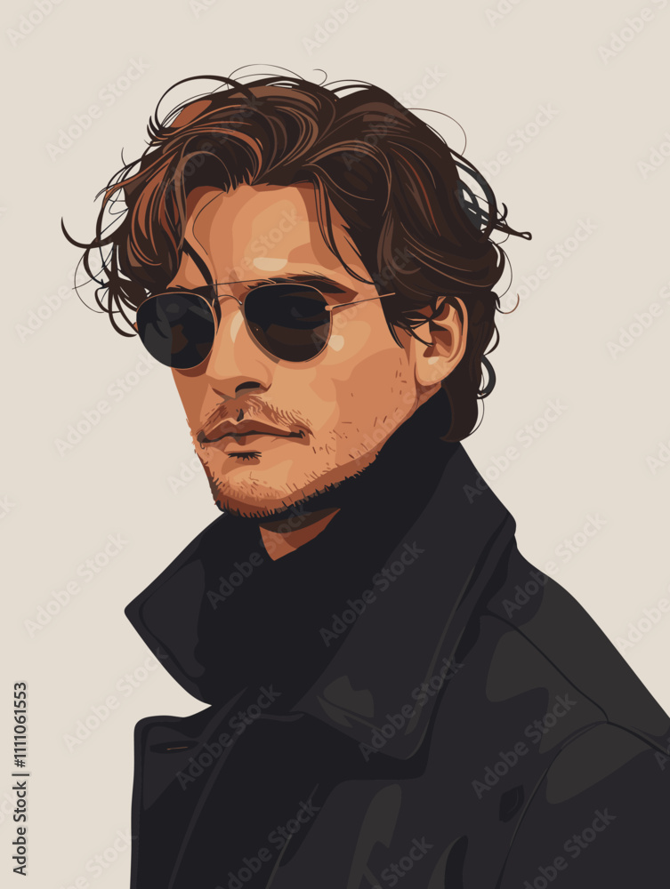Man with a beard and sunglasses is standing in front of a white background. He is wearing a black coat and sunglasses, giving him a cool and stylish appearance Man with a beard and sunglasses is standing in front of a white background. He is wearing a black coat and sunglasses, giving him a cool and stylish appearance
