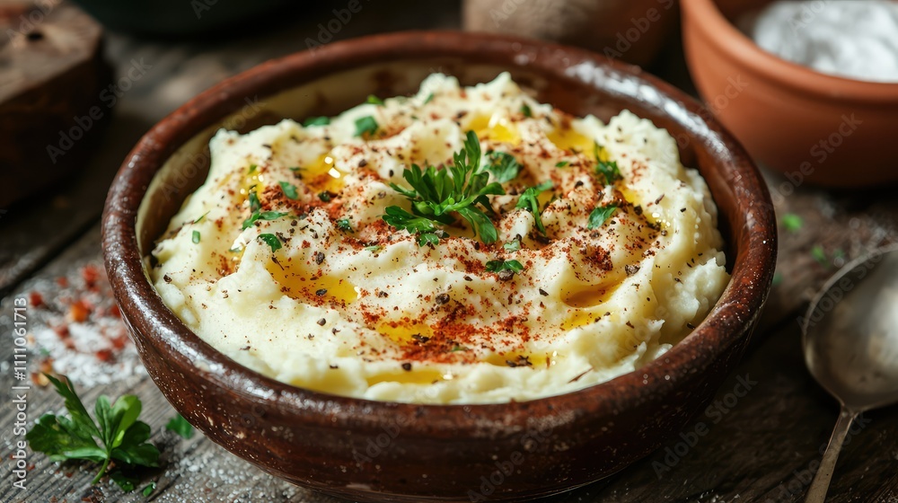 Creamy Mashed Potatoes with Butter and Paprika Served in a Rustic Bowl Garnished with Fresh Parsley on a Wooden Table Setting Creamy Mashed Potatoes with Butter and Paprika Served in a Rustic Bowl Garnished with Fresh Parsley on a Wooden Table Setting