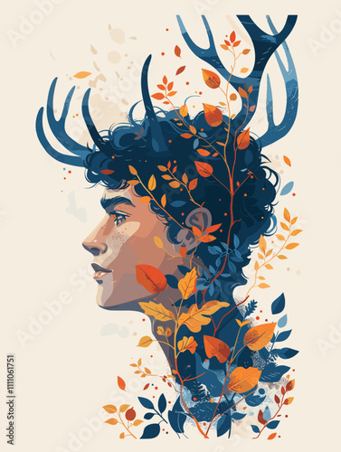 Portrait of a young man with deer horns and leaves. Vector illustration