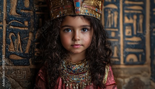 Little Girl Dressed as an Egyptian Queen Against Ancient Hieroglyphs Background