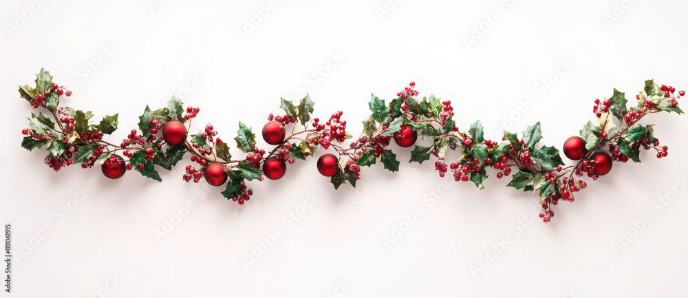 Christmas garland with red ornaments and holly leaves creates festive atmosphere. This decorative piece is perfect for holiday celebrations and adds touch of cheer to any space Christmas garland with red ornaments and holly leaves creates festive atmosphere. This decorative piece is perfect for holiday celebrations and adds touch of cheer to any space