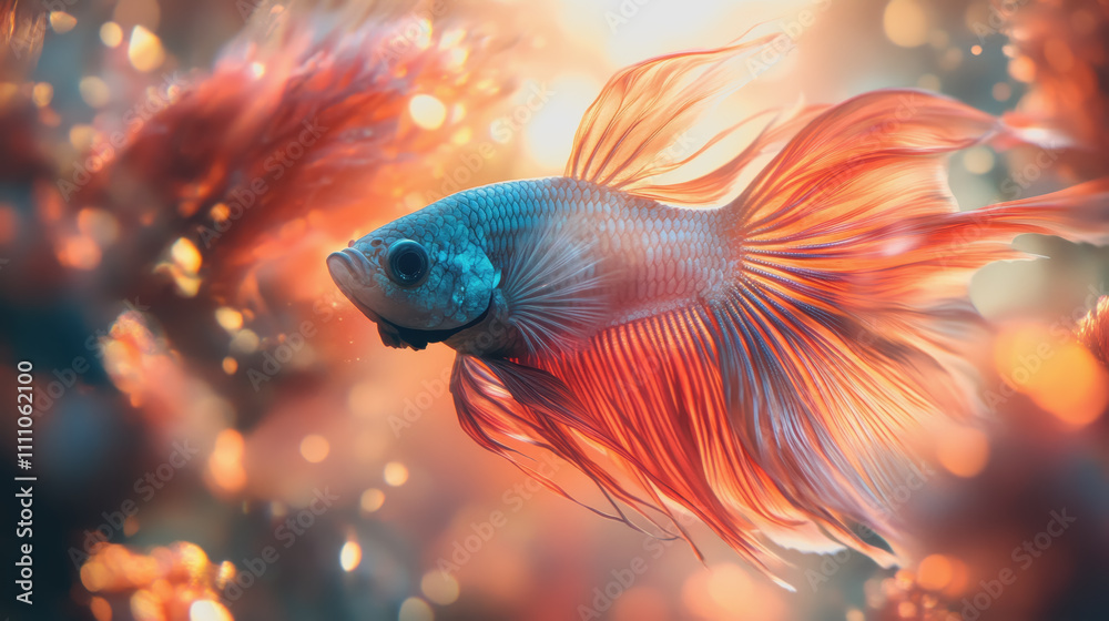 Fototapeta premium Vibrant Betta Fish Swimming Gracefully Amidst Colorful Aquatic Plants in a Dreamy Underwater Environment with Soft Lighting and Bokeh Effects
