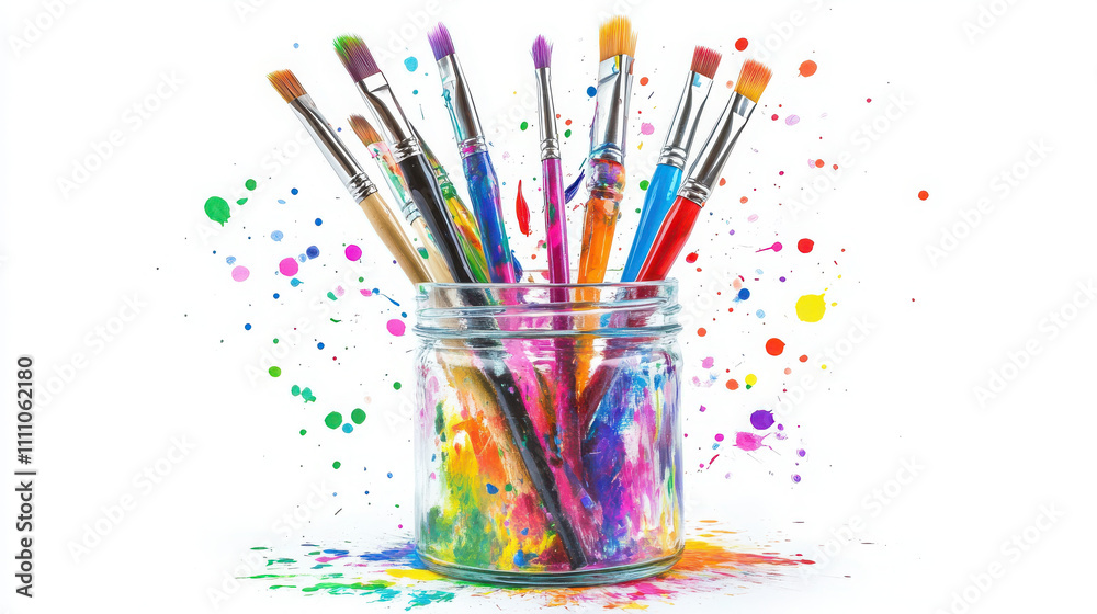 Fototapeta premium Colorful paintbrushes in glass jar create vibrant display, surrounded by splashes of paint. This artistic arrangement captures creativity and inspiration beautifully