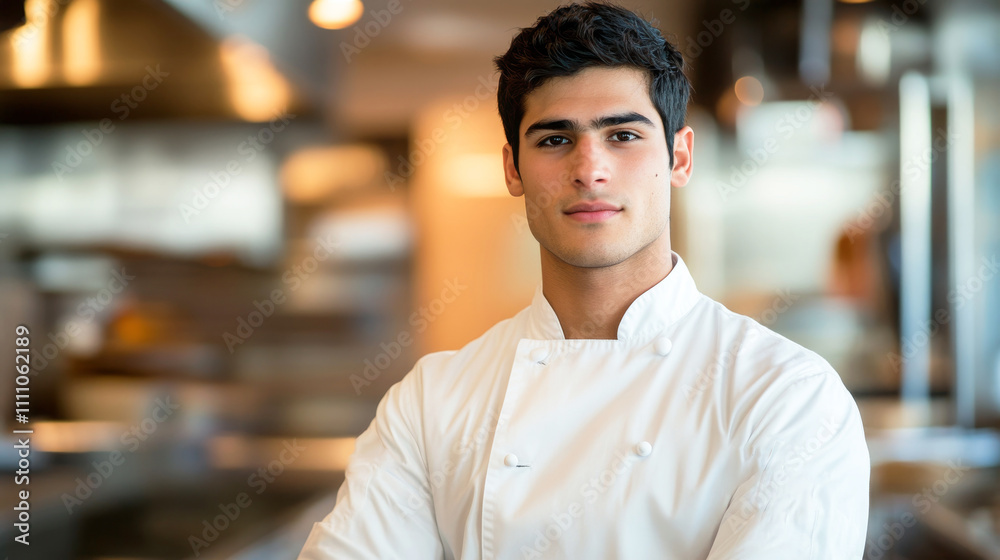Fototapeta premium A portrait of a young male chef in his mid-20s, wearing a clean white chef’s coat and toque, standing confidently in a modern restaurant kitchen