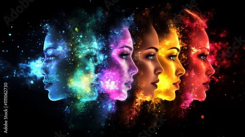 Four Abstract Female Faces with Colorful Nebulae