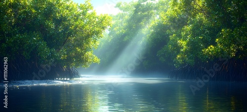 A tranquil scene of a lush mangrove forest with sunlight filtering through the dense foliage, casting a serene glow on the calm waters below, evoking a sense of peace and natural beauty.