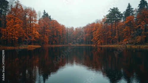 Tranquil Autumn Landscape with Reflective Lake Surrounded by Vibrant Orange and Red Trees on a Cloudy Day in a Serene Natural Setting