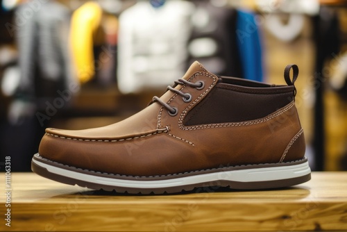 Comfortable, casual brown leather shoes placed neatly on a wooden display shelf. The craftsmanship emphasizes durability and style suitable for everyday wear.