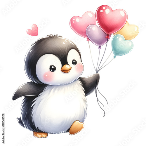 Cute Cartoon Penguin Holding Colorful Heart Balloons