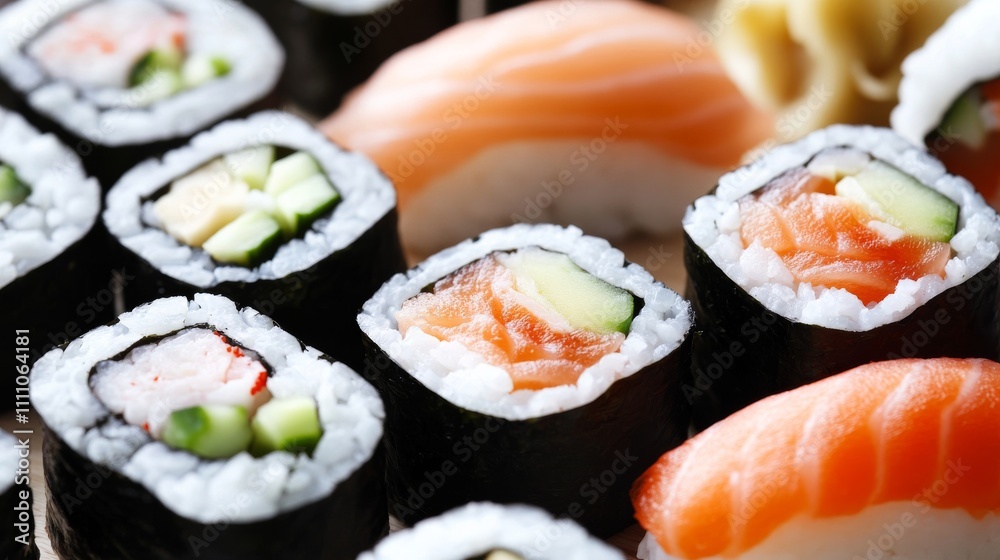 Photo of, A tempting platter of Japanese sushi rolls, assorted maki rolls with fresh fish Photo of, A tempting platter of Japanese sushi rolls, assorted maki rolls with fresh fish