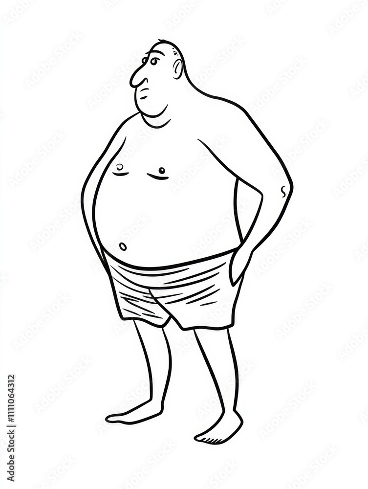 Fototapeta premium A cartoon character is depicted with a curious expression, hands in pockets, wearing shorts, and standing in a relaxed pose, capturing simplicity and humor.