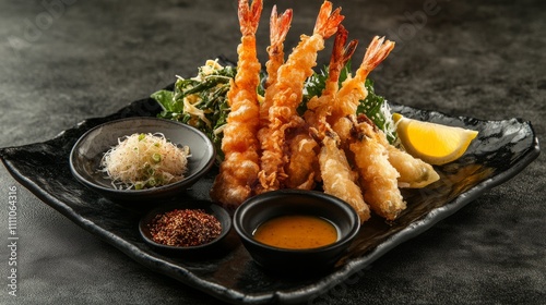 Photo of, A tempting platter of Japanese tempura, crispy battered shrimp and vegetables served with tentsuyu dipping sauce and grated daikon photo