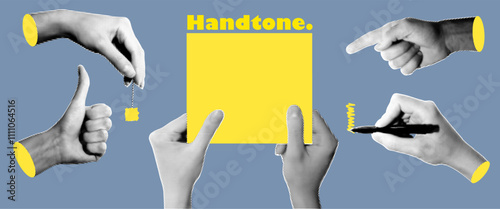 Set of halftone images of hands. Pop art retro style illustration