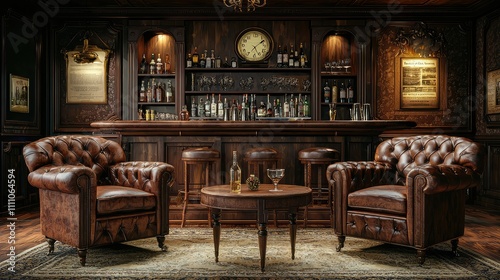 Elegant Vintage Lounge with Leather Armchairs and Classic Bar Featuring Antique Decor  Clock  and Warm Atmosphere for Relaxation and Social Gatherings