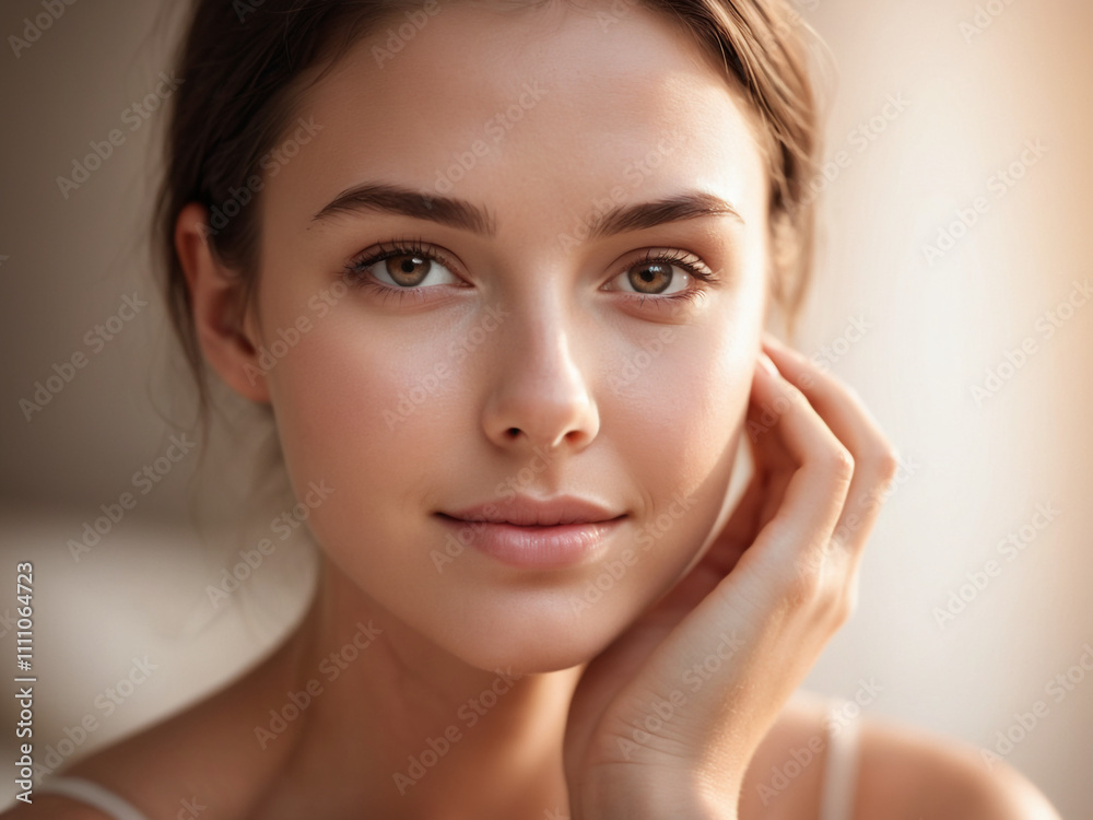 Woman smiling while touching her flawless glowy skin with copy space for your advertisement, skincare Woman smiling while touching her flawless glowy skin with copy space for your advertisement, skincare