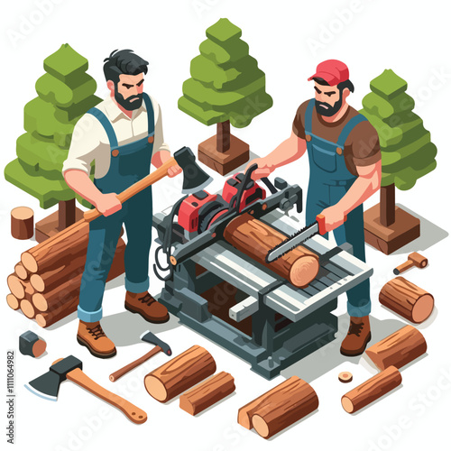 Isometric lumberjack male character holding an axe and wood log. Woodcutter saws tree with chainsaw on sawmill. Firewood processing on a white background