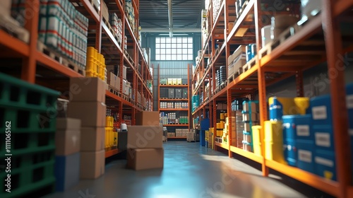 Modern Warehouse Interior with Organized Shelving, Colorful Containers, and Palletized Goods for Inventory Management and Supply Chain Operations