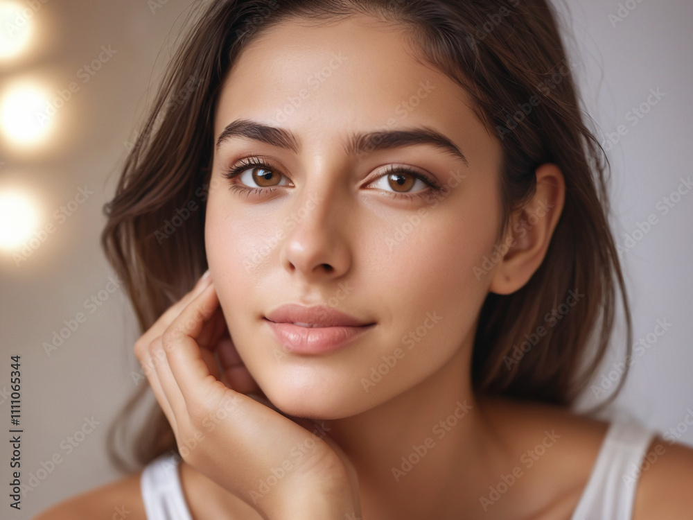Woman smiling while touching her flawless glowy skin with copy space for your advertisement, skincare Woman smiling while touching her flawless glowy skin with copy space for your advertisement, skincare