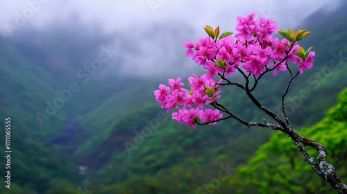 A stunning branch of pink flowers stands out against lush green mountains and misty clouds. photo