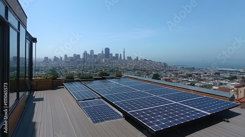 San Francisco Skyline View from Rooftop Solar Panel Installation photo