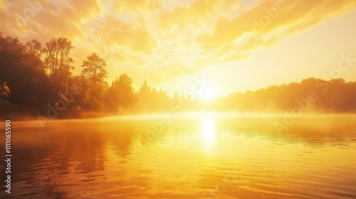 Serene Sunrise Over Tranquil Lake with Misty Reflections and Golden Clouds Illuminating a Peaceful Natural Landscape