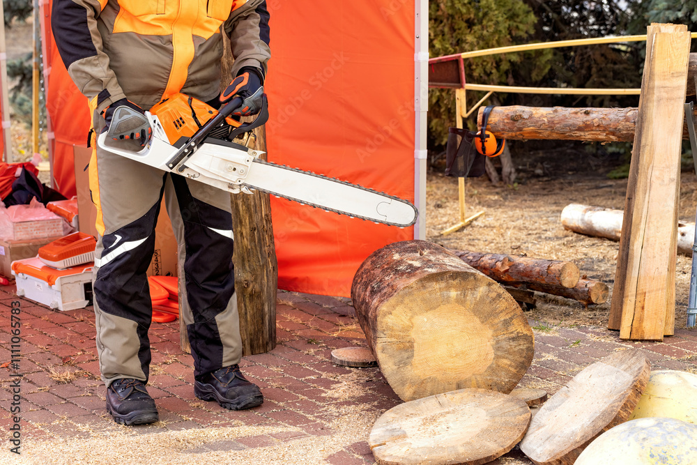 Chainsaw in action at a wood processing site under warm afternoon light