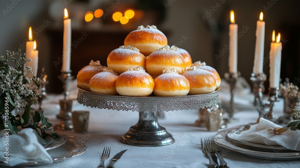 A Stack of Sufganiyot on a Silver Stand with Candles and Place Settings A Stack of Sufganiyot on a Silver Stand with Candles and Place Settings