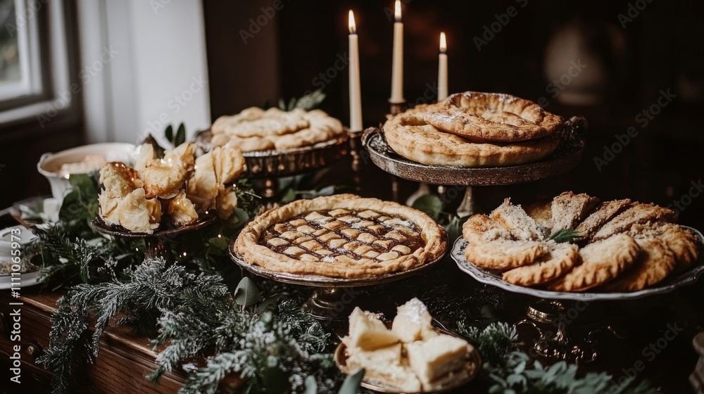 A Table Spread of Pies and Pastries Decorated with Greenery A Table Spread of Pies and Pastries Decorated with Greenery