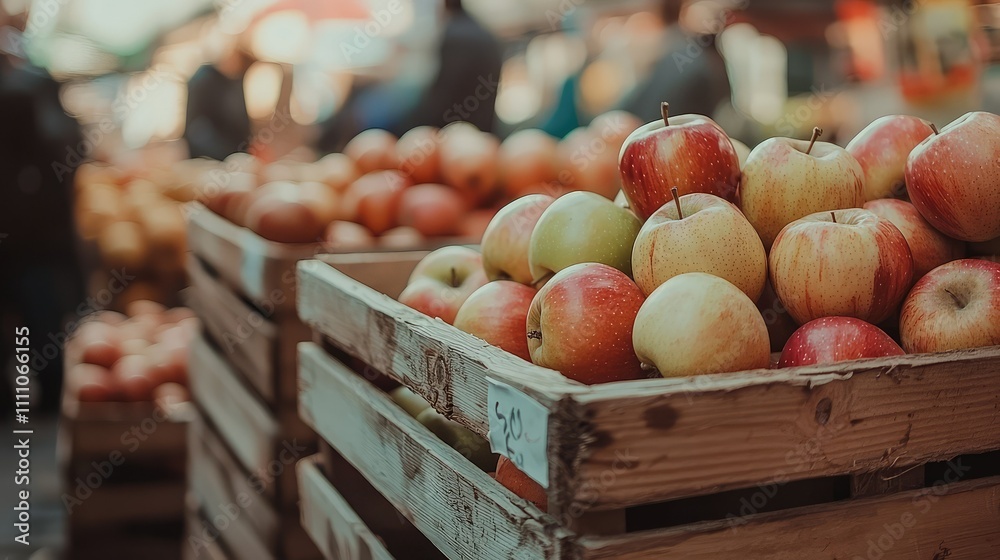Fresh and Vibrant Apples in Wooden Crates at a Busy Farmers Market, Showcasing the Beauty of Natural Produce and the Agriculture Experience Fresh and Vibrant Apples in Wooden Crates at a Busy Farmers Market, Showcasing the Beauty of Natural Produce and the Agriculture Experience