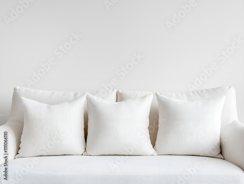 three white empty pillows on a white couch in a bright room mockup photo