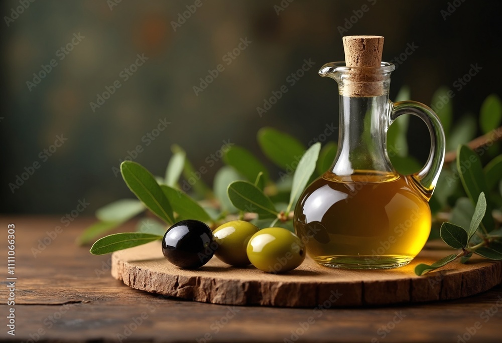 Rustic Still Life of Italian Olive Oil and Fresh Olives on Wooden Table with Vine Leaves Rustic Still Life of Italian Olive Oil and Fresh Olives on Wooden Table with Vine Leaves