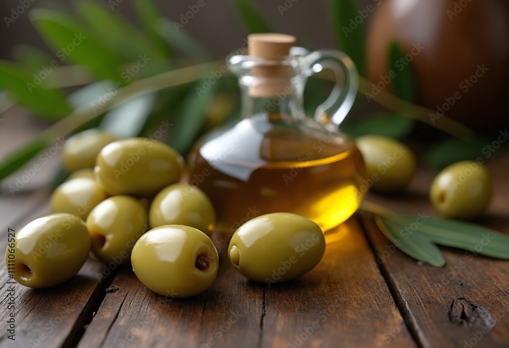 Rustic Still Life of Italian Olive Oil and Fresh Olives on Wooden Table with Vine Leaves Rustic Still Life of Italian Olive Oil and Fresh Olives on Wooden Table with Vine Leaves