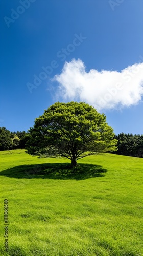 Lone green tree on a vibrant grassy hill under a blue sky with fluffy clouds.