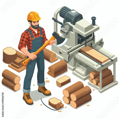 Isometric lumberjack male character holding an axe and wood log. Woodcutter saws tree with chainsaw on sawmill. Firewood processing on a white background