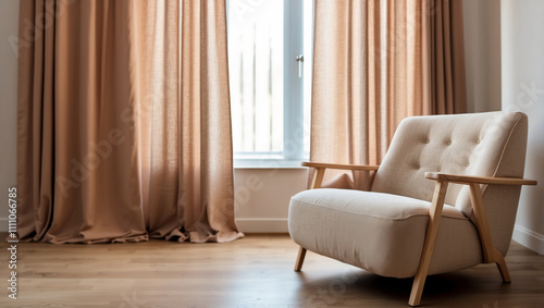 Cozy living space with soft brown chair standing on copy space hardwood floor. Armchair with linen curtains on window