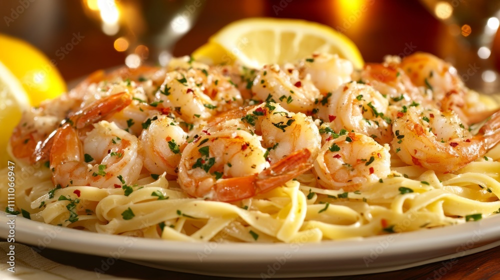 Photo of, A tempting platter of shrimp scampi served over a bed of linguine pasta, garnished with chopped parsley and lemon wedges Photo of, A tempting platter of shrimp scampi served over a bed of linguine pasta, garnished with chopped parsley and lemon wedges