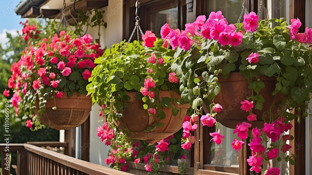 Lush hanging baskets filled with trailing fuchsia and ivy geraniums on a sunny balcony. Lush hanging baskets filled with trailing fuchsia and ivy geraniums on a sunny balcony.