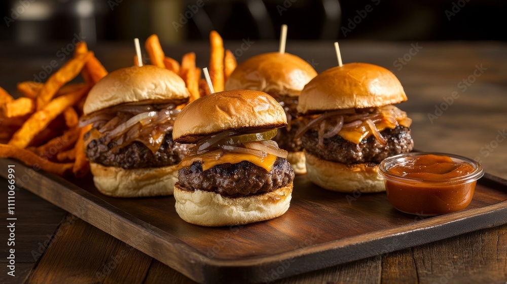 Photo of, A tempting platter of sliders featuring mini beef burgers topped with cheddar cheese, caramelized onions Photo of, A tempting platter of sliders featuring mini beef burgers topped with cheddar cheese, caramelized onions