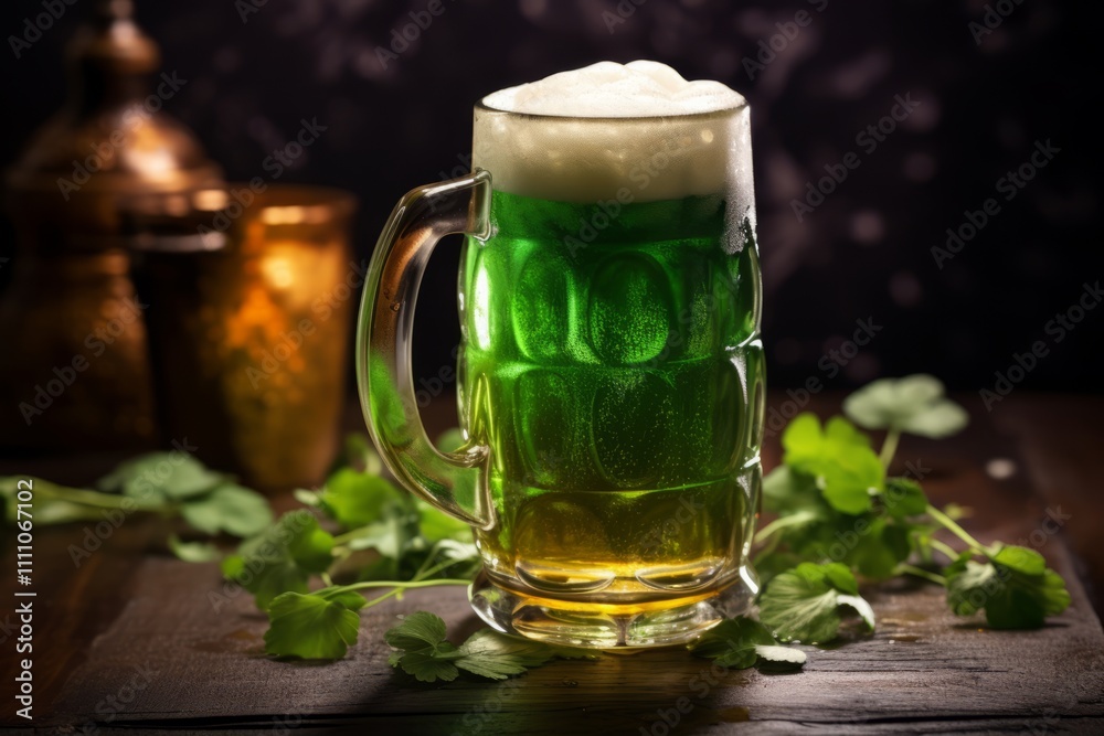 A mug of green beer with foam on a wooden table surrounded by clover leaves, symbolizing St. Patrick's Day A mug of green beer with foam on a wooden table surrounded by clover leaves, symbolizing St. Patrick's Day