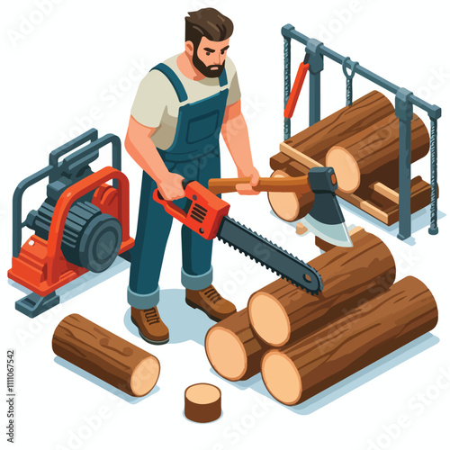 Isometric lumberjack male character holding an axe and wood log. Woodcutter saws tree with chainsaw on sawmill. Firewood processing on a white background