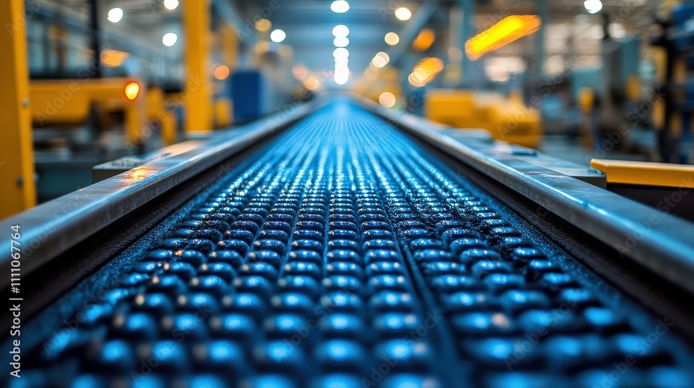 Industrial Conveyor Belt with Shiny Metal Balls in a Modern Factory Setting, Blurred Background, and Enhanced Lighting Effects for Conveying Efficiency Industrial Conveyor Belt with Shiny Metal Balls in a Modern Factory Setting, Blurred Background, and Enhanced Lighting Effects for Conveying Efficiency